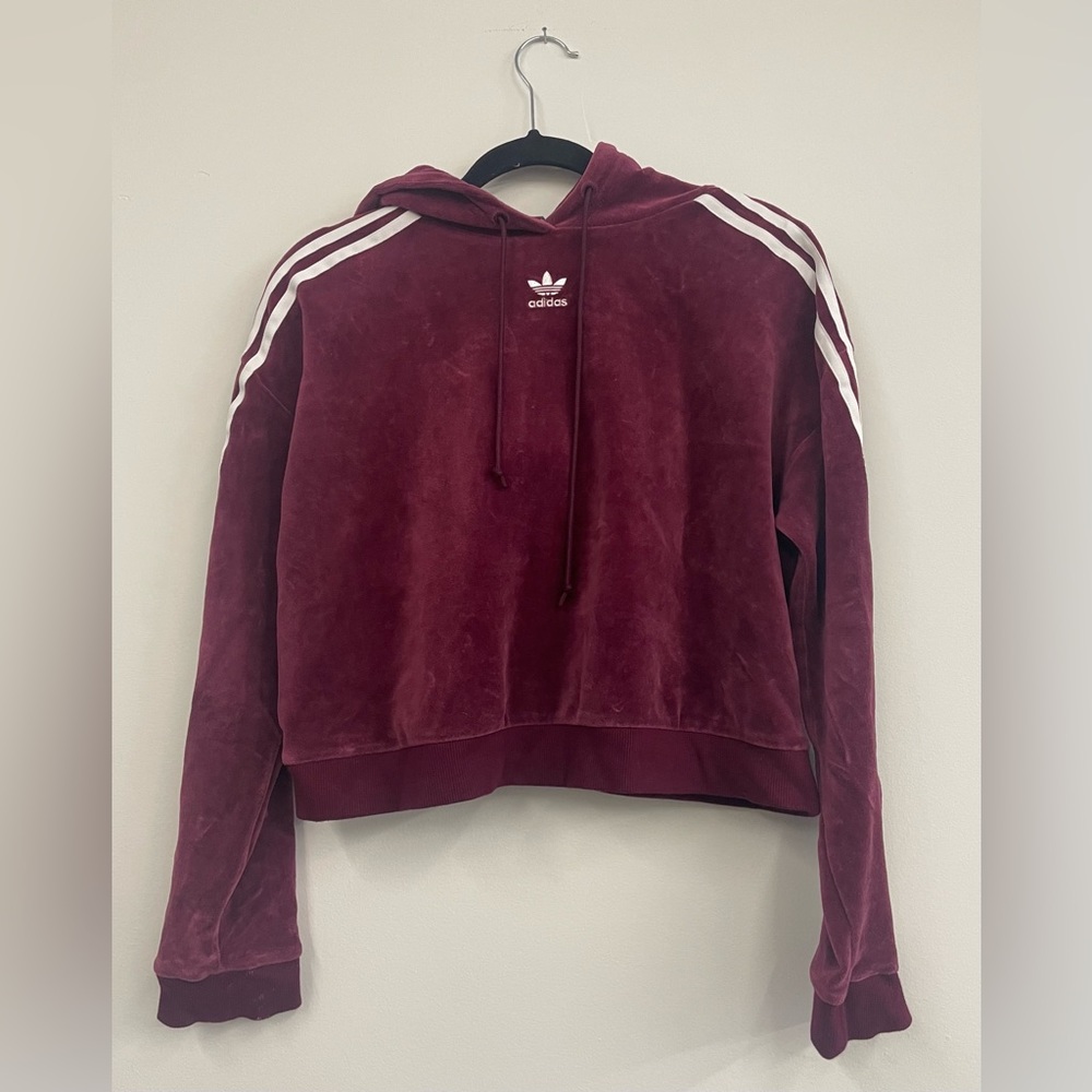 Adidas Velour Burgundy Cropped Hoodie